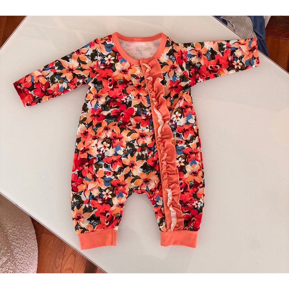 Boutique Baby Girl Orange and Colorful Floral Ruffle Romper 0–3 Months